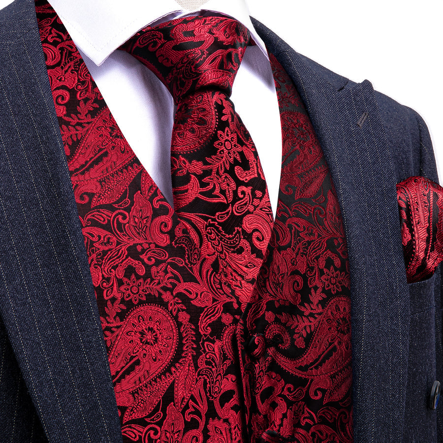 Red Black Paisley Silk Vest Set vest set S (Chest 40")   - Sophisticated Gentlemen