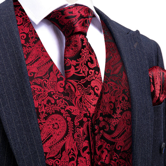 Red Black Paisley Silk Vest Set vest set S (Chest 40")   - Sophisticated Gentlemen