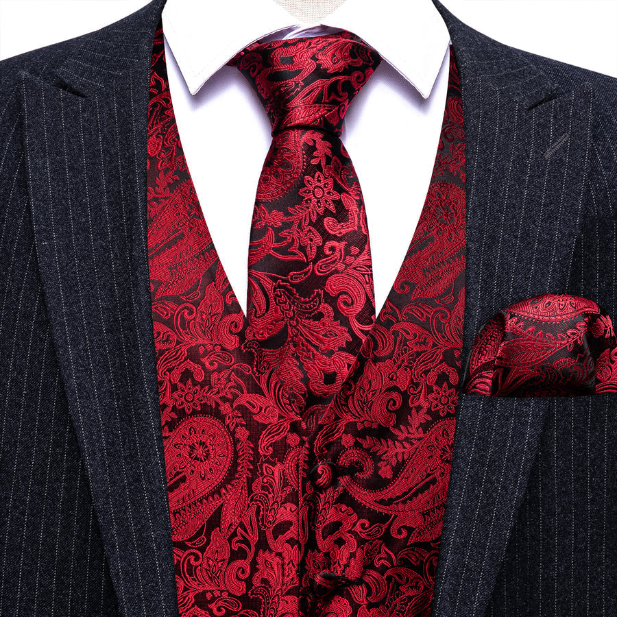 Red Black Paisley Silk Vest Set vest set    - Sophisticated Gentlemen