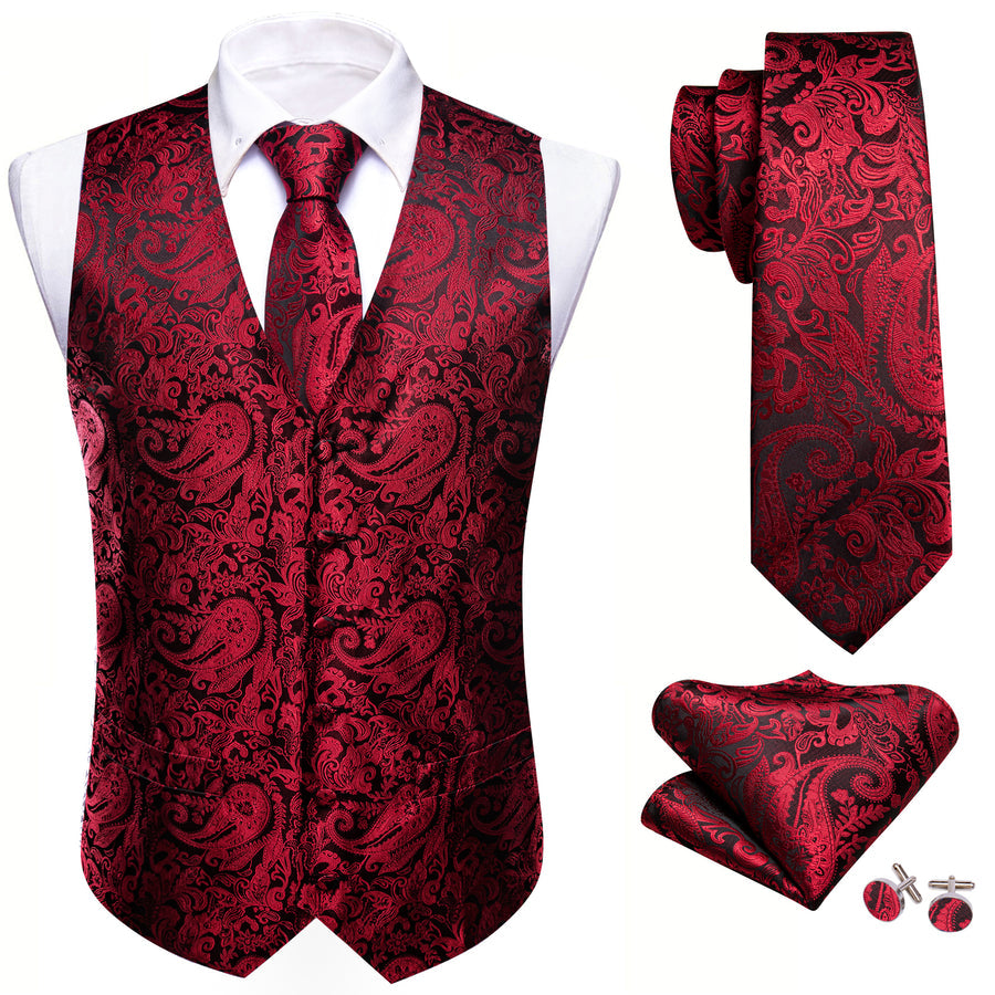 Red Black Paisley Silk Vest Set vest set    - Sophisticated Gentlemen