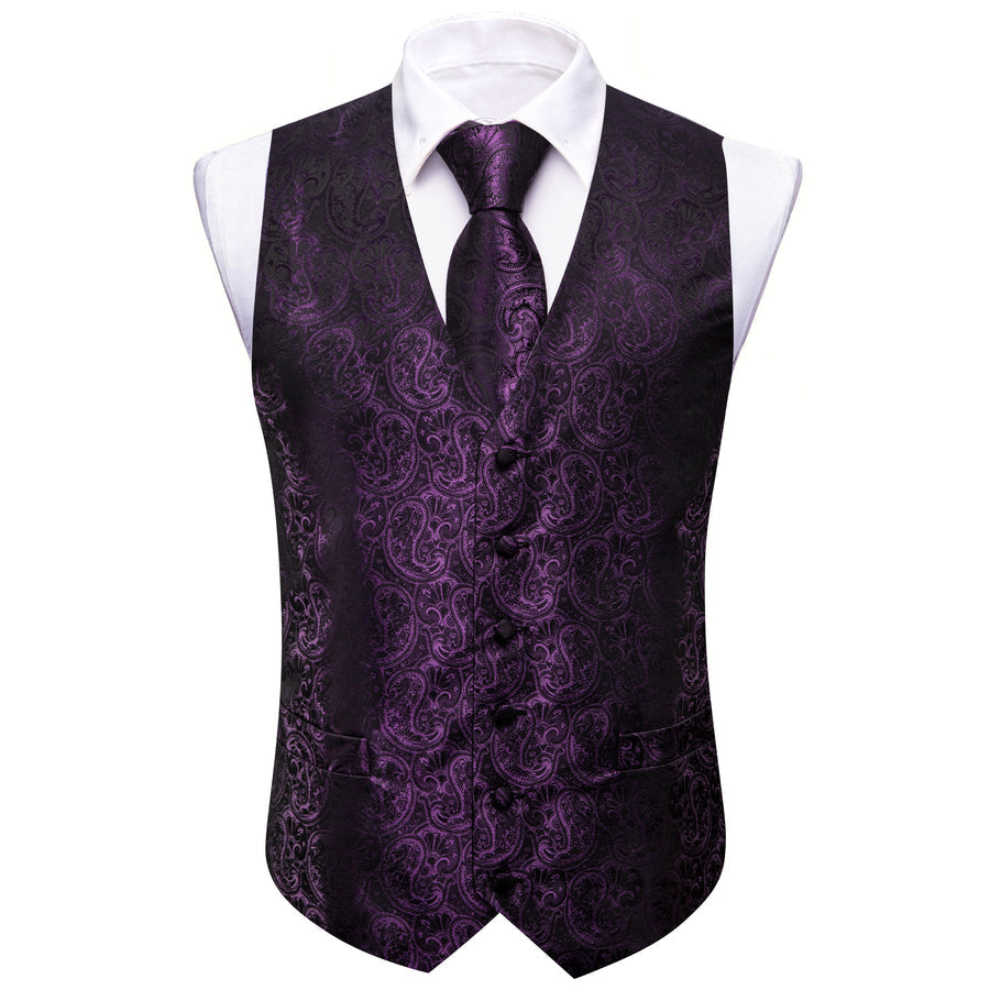 Black Purple Paisley Silk Men's Vest Set vest set    - Sophisticated Gentlemen