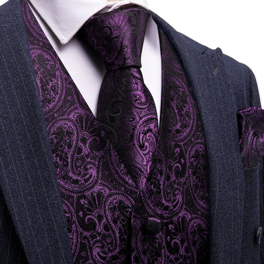 Black Purple Paisley Silk Men's Vest Set vest set S (Chest 40")   - Sophisticated Gentlemen