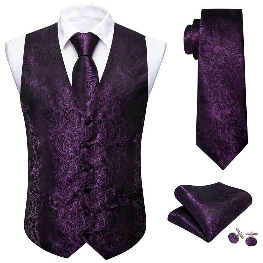 Black Purple Paisley Silk Men's Vest Set vest set    - Sophisticated Gentlemen