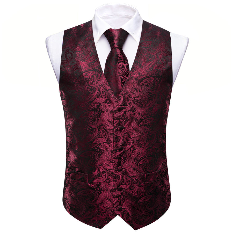 Burgundy Red Paisley Silk Vest Set vest set    - Sophisticated Gentlemen