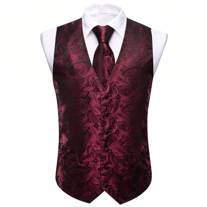 Burgundy Red Paisley Silk Vest Set vest set    - Sophisticated Gentlemen