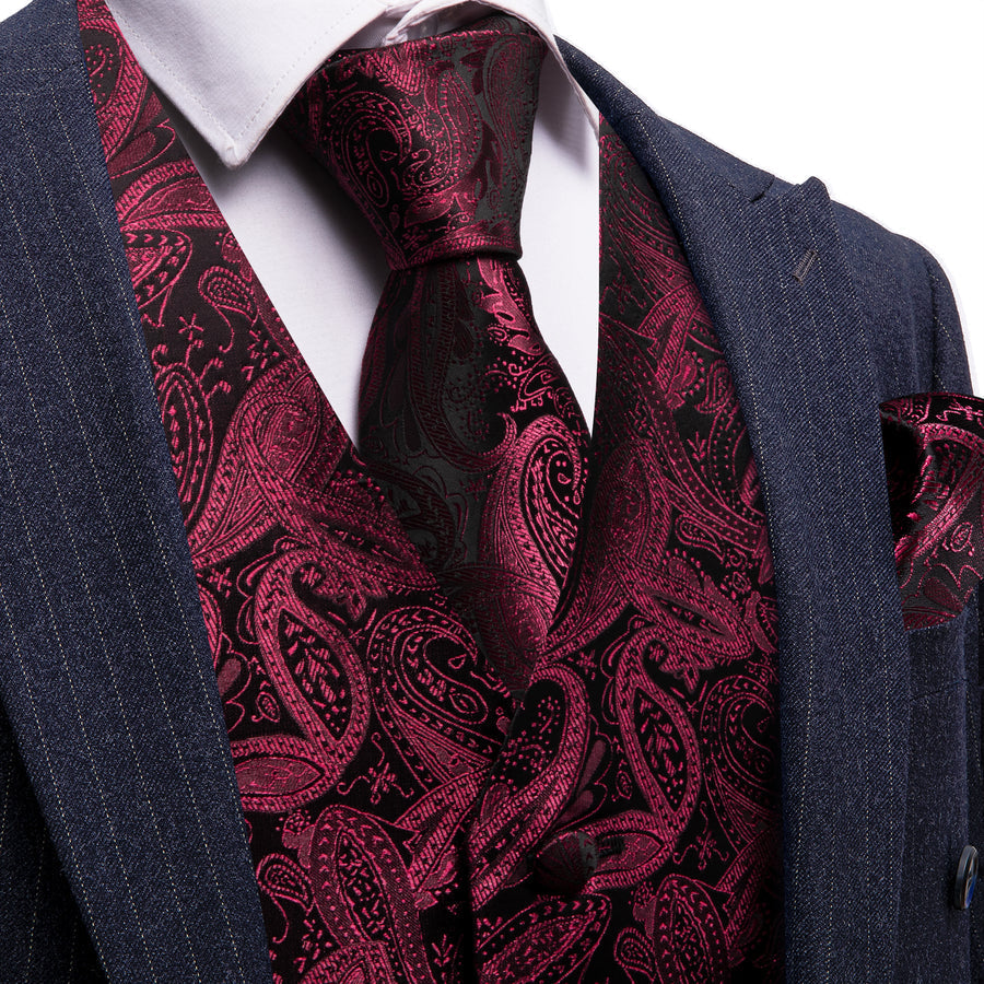 Burgundy Red Paisley Silk Vest Set vest set S (Chest 40")   - Sophisticated Gentlemen