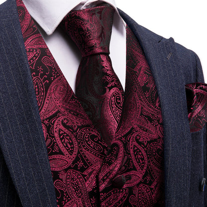 Burgundy Red Paisley Silk Vest Set vest set S (Chest 40")   - Sophisticated Gentlemen