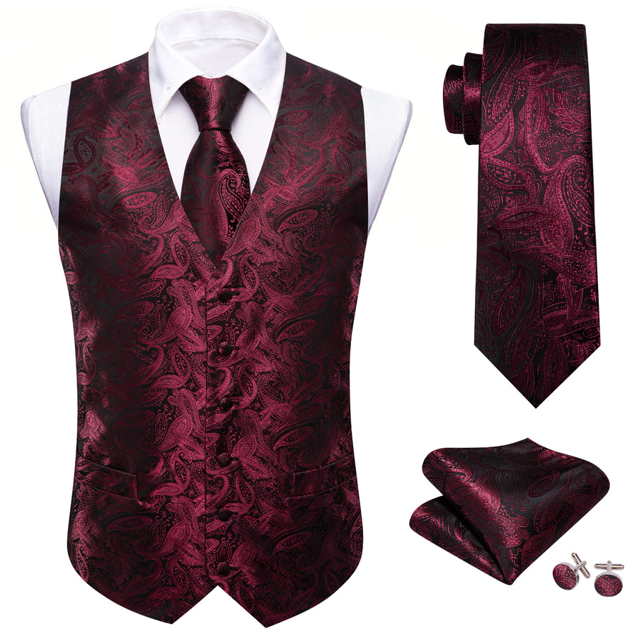 Burgundy Red Paisley Silk Vest Set vest set    - Sophisticated Gentlemen