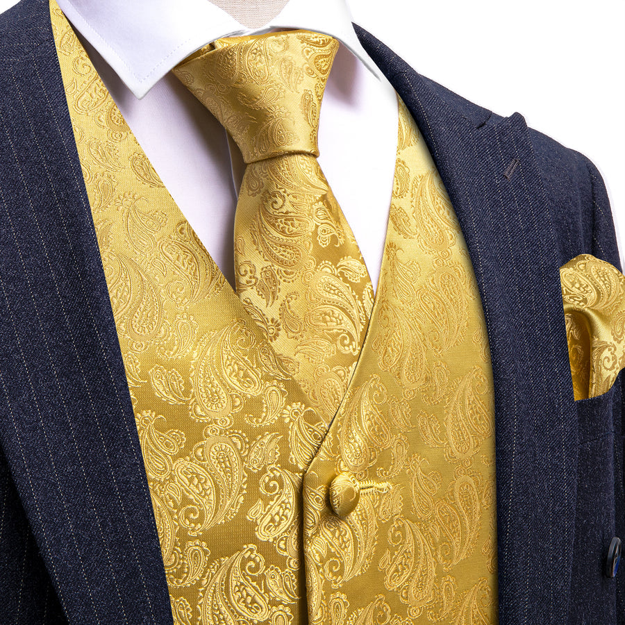 Yellow Paisley Silk Vest Set vest set S (Chest 40")   - Sophisticated Gentlemen
