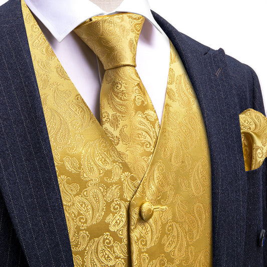Yellow Paisley Silk Vest Set vest set S (Chest 40")   - Sophisticated Gentlemen