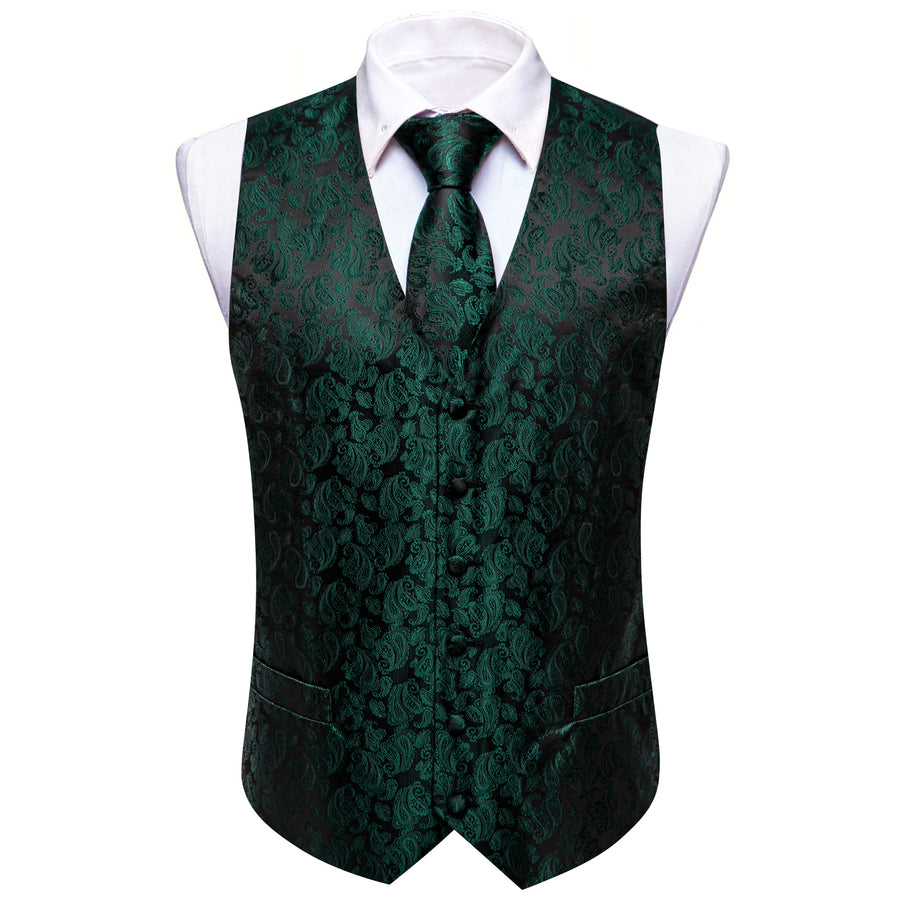 Dark Green Black Paisley Silk Men's Vest Set vest set    - Sophisticated Gentlemen