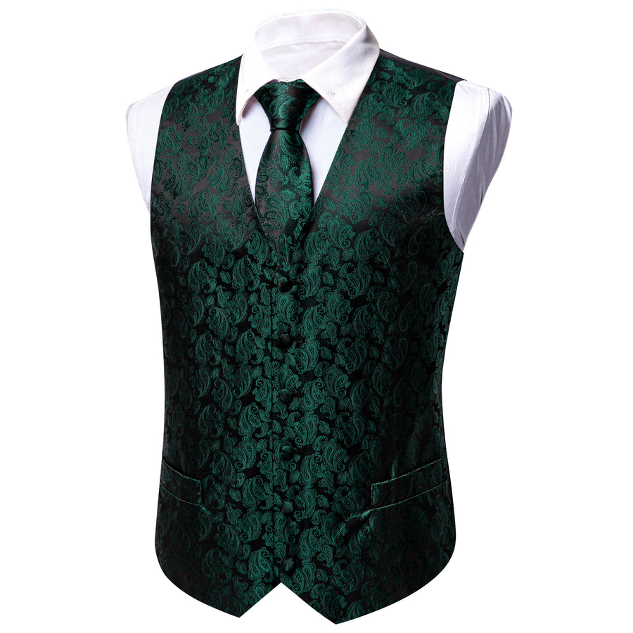 Dark Green Black Paisley Silk Men's Vest Set vest set    - Sophisticated Gentlemen