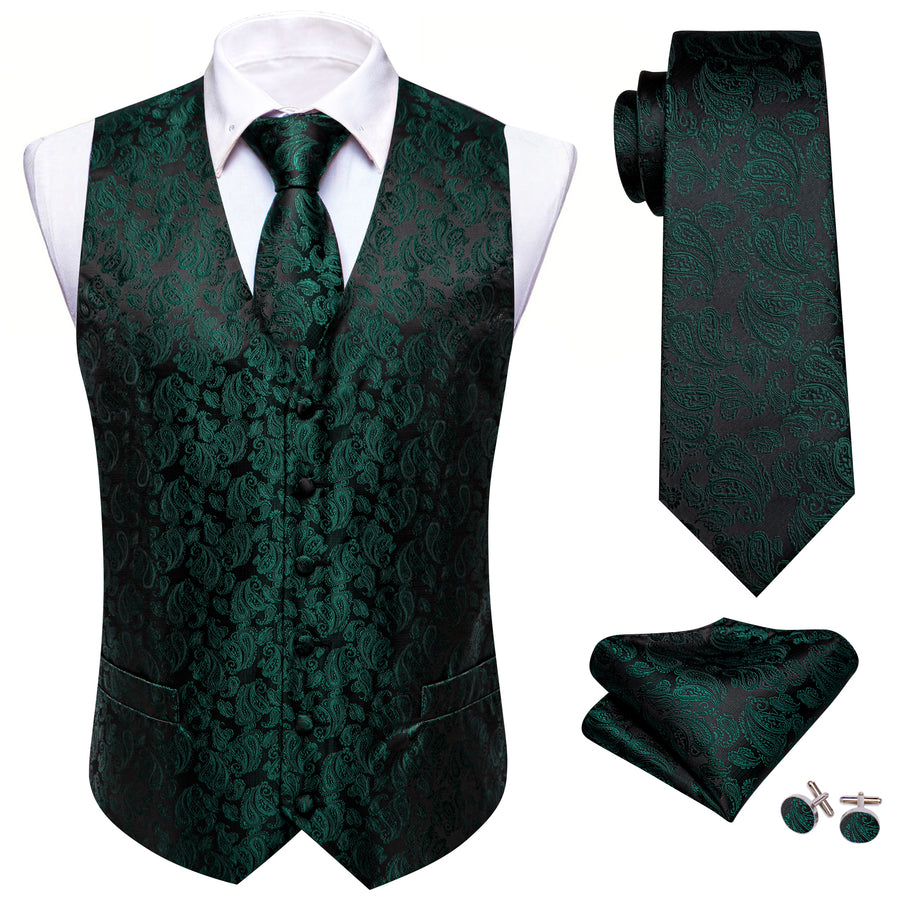Dark Green Black Paisley Silk Men's Vest Set vest set    - Sophisticated Gentlemen