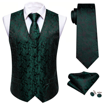 Dark Green Black Paisley Silk Men's Vest Set vest set    - Sophisticated Gentlemen