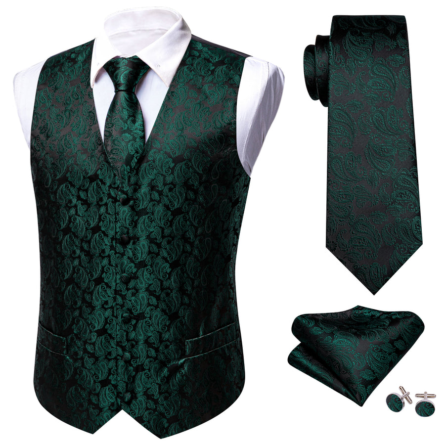 Dark Green Black Paisley Silk Men's Vest Set vest set    - Sophisticated Gentlemen