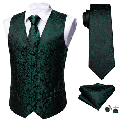 Dark Green Black Paisley Silk Men's Vest Set vest set    - Sophisticated Gentlemen