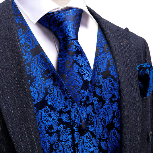 Klein Blue Paisley Silk Men's Vest Set vest set S (Chest 40")   - Sophisticated Gentlemen