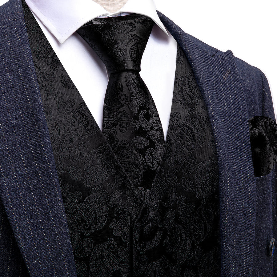 Black Paisley Silk Vest Set vest set S (Chest 40")   - Sophisticated Gentlemen