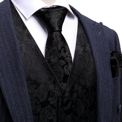 Black Paisley Silk Vest Set vest set S (Chest 40")   - Sophisticated Gentlemen