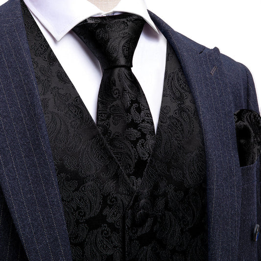 Black Paisley Silk Vest Set vest set S (Chest 40")   - Sophisticated Gentlemen