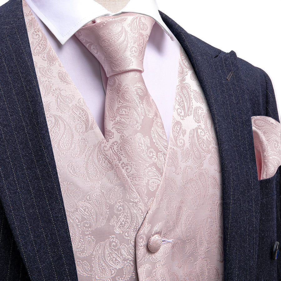 Light Pink Paisley Silk Men's Vest Set vest set S (Chest 40")   - Sophisticated Gentlemen