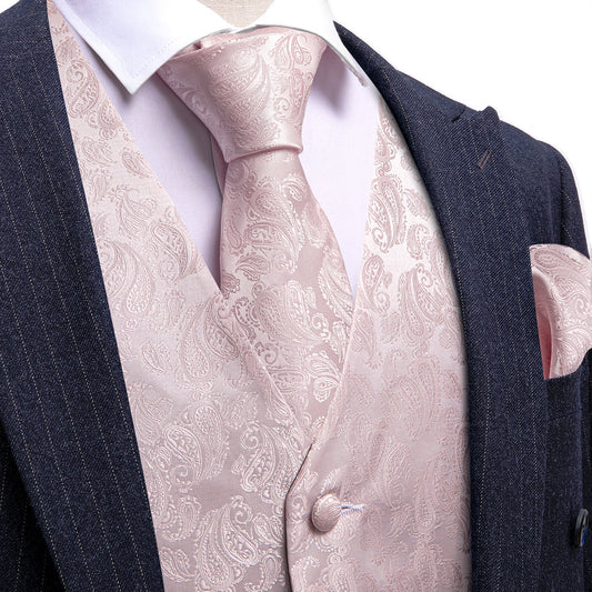 Light Pink Paisley Silk Men's Vest Set vest set S (Chest 40")   - Sophisticated Gentlemen