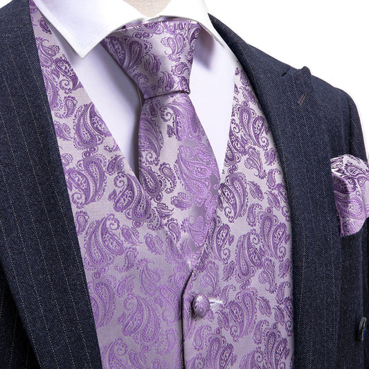 Purple Paisley Silk Vest Set vest set S (Chest 40")   - Sophisticated Gentlemen