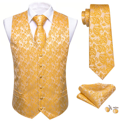 Honey Orange Paisley Silk Men's Vest Set vest set    - Sophisticated Gentlemen