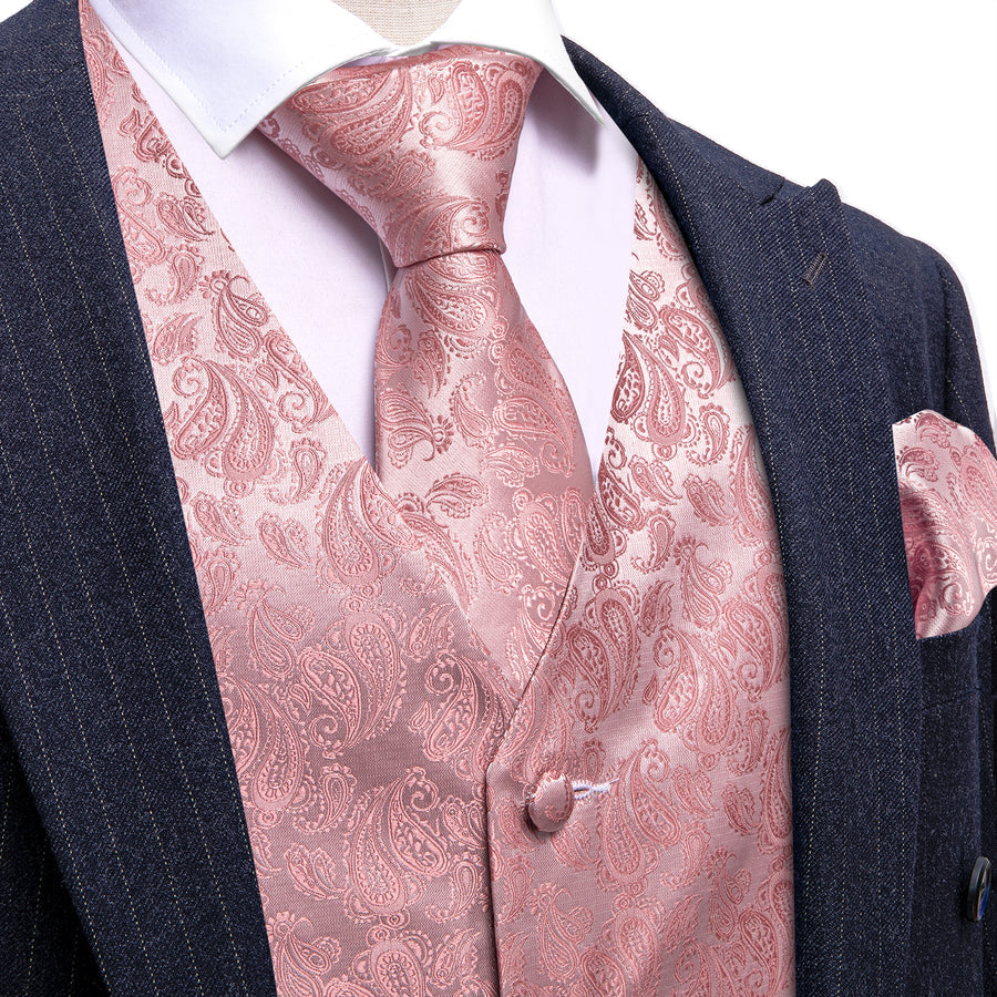 Pink Paisley Silk Men's Vest Set vest set S (Chest 40")   - Sophisticated Gentlemen