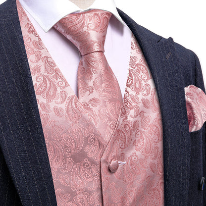 Pink Paisley Silk Men's Vest Set vest set S (Chest 40")   - Sophisticated Gentlemen
