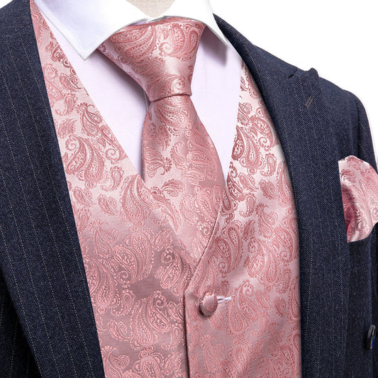 Pink Paisley Silk Men's Vest Set vest set S (Chest 40")   - Sophisticated Gentlemen