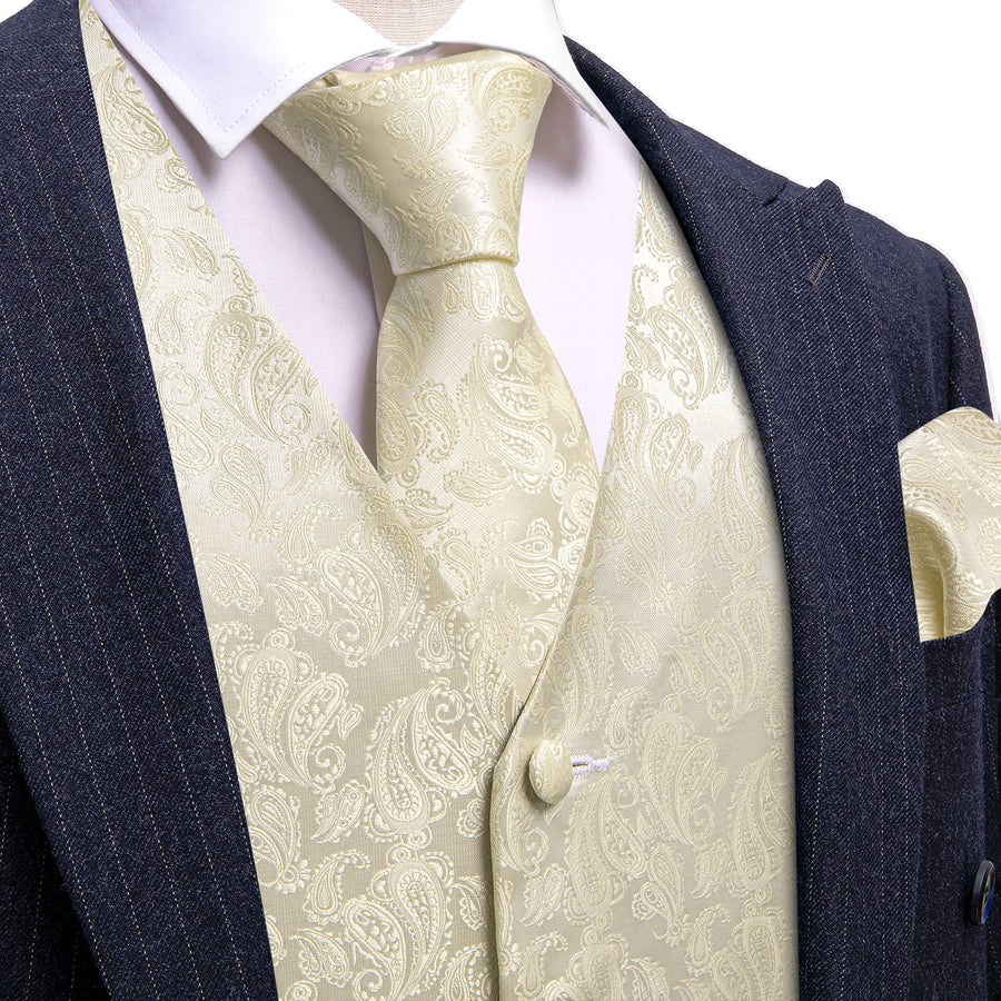 Ivory Paisley Silk Vest Set vest set S (Chest 40")   - Sophisticated Gentlemen