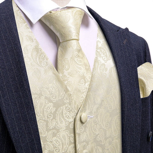 Ivory Paisley Silk Vest Set vest set S (Chest 40")   - Sophisticated Gentlemen
