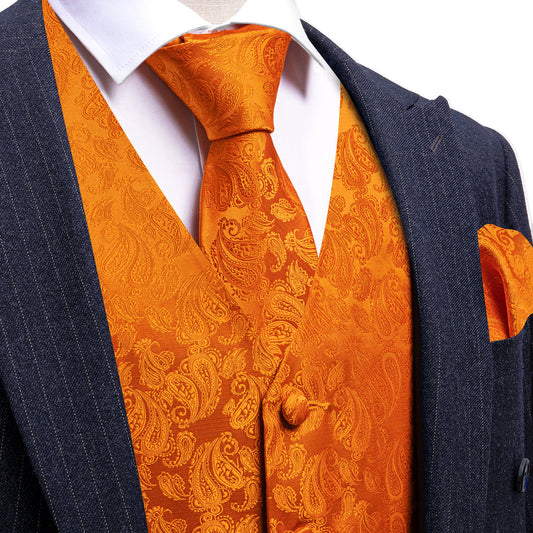 Burnt Orange Paisley Silk Vest Set vest set S (Chest 40")   - Sophisticated Gentlemen