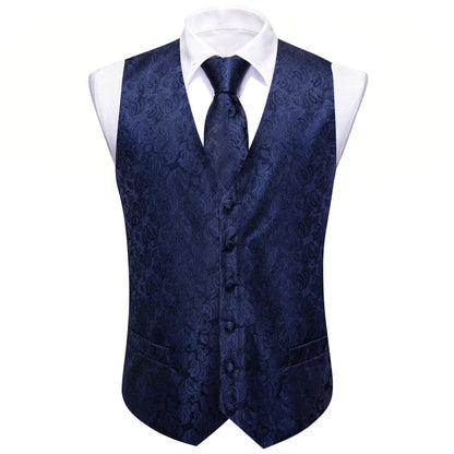 Navy Blue Paisley Silk Vest Set vest set    - Sophisticated Gentlemen