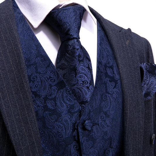 Navy Blue Paisley Silk Vest Set vest set S (Chest 40")   - Sophisticated Gentlemen