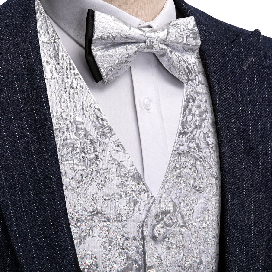 Silver Novelty Jacquard Silk Vest Set vest set S (Chest 40")   - Sophisticated Gentlemen