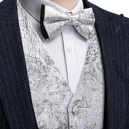 Silver Novelty Jacquard Silk Vest Set vest set S (Chest 40")   - Sophisticated Gentlemen