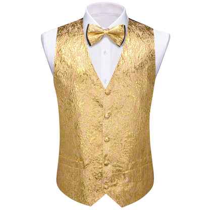 Golden Yellow Novelty Jacquard Silk Men's Vest Set vest set    - Sophisticated Gentlemen