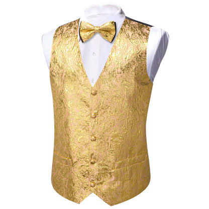 Golden Yellow Novelty Jacquard Silk Men's Vest Set vest set    - Sophisticated Gentlemen