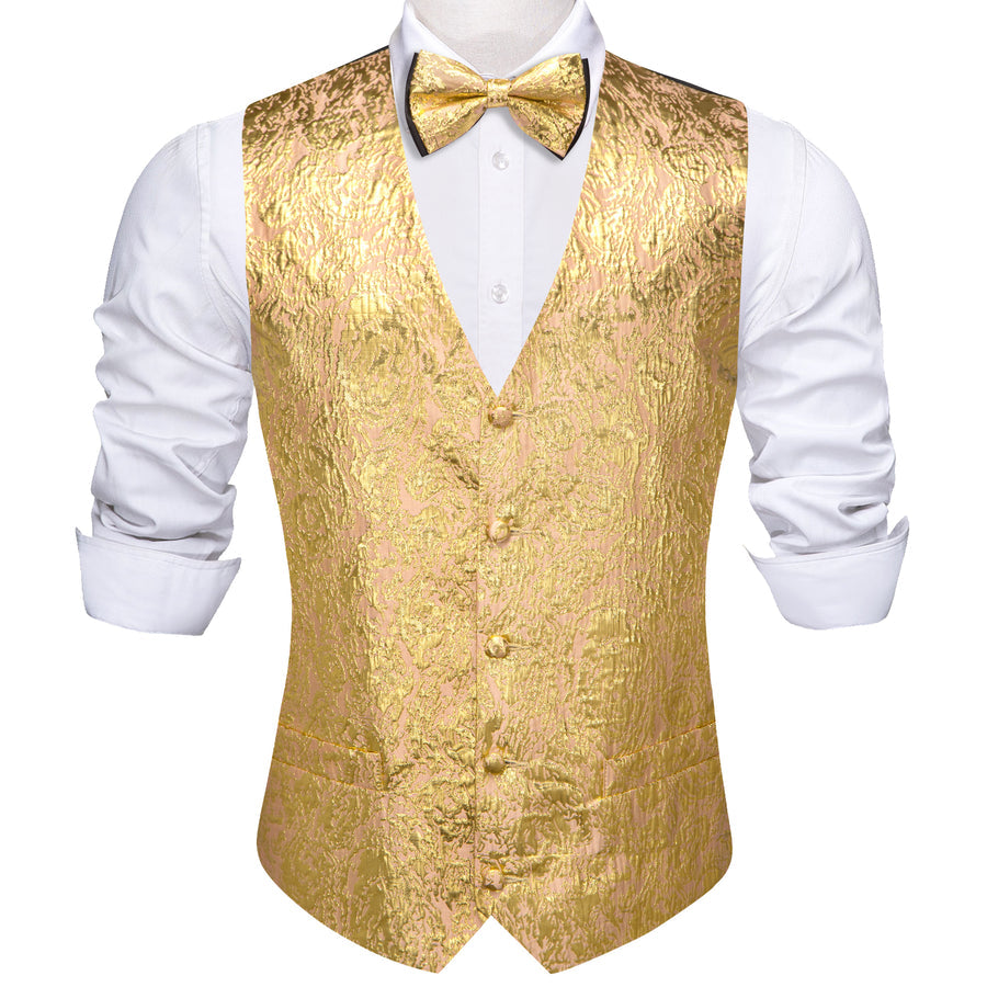 Golden Yellow Novelty Jacquard Silk Men's Vest Set vest set    - Sophisticated Gentlemen