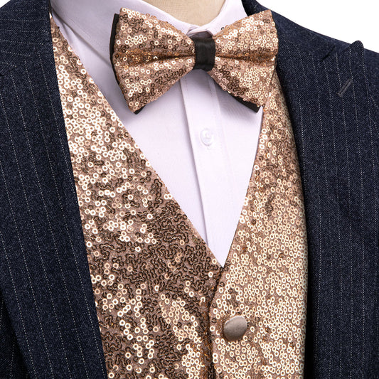Champagne Sequins Silk Vest Set vest set S (Chest 41)   - Sophisticated Gentlemen