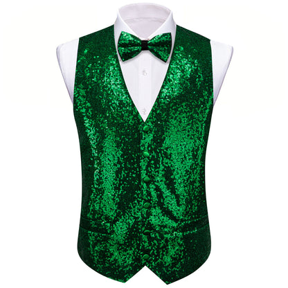 Green Sequins Silk Vest Set vest set    - Sophisticated Gentlemen