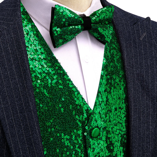 Green Sequins Silk Vest Set vest set S (Chest 41)   - Sophisticated Gentlemen