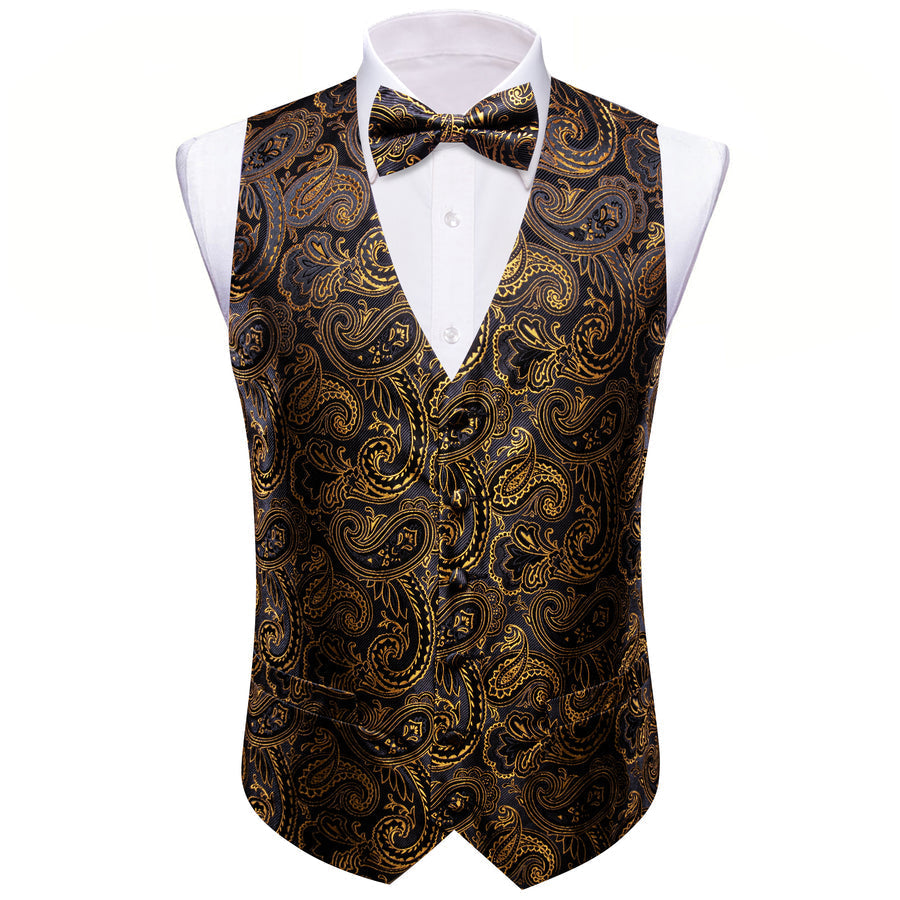 Black Yellow Silk Men's Bowtie Vest Set vest set    - Sophisticated Gentlemen