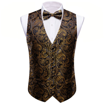 Black Yellow Silk Men's Bowtie Vest Set vest set    - Sophisticated Gentlemen