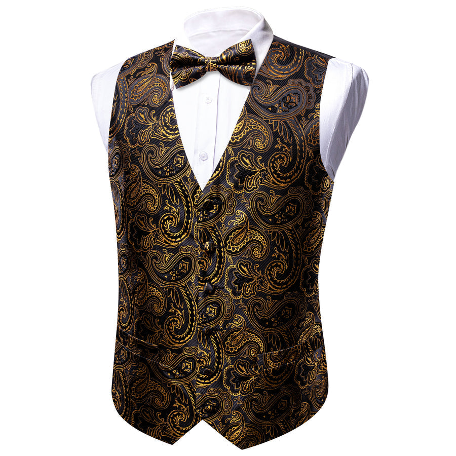Black Yellow Silk Men's Bowtie Vest Set vest set    - Sophisticated Gentlemen