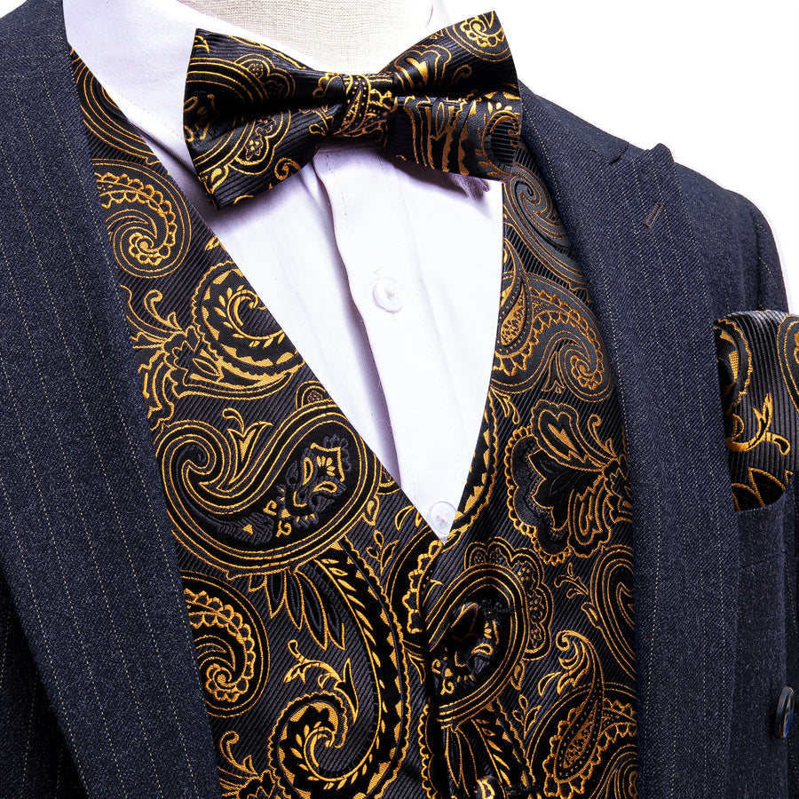 Black Yellow Silk Men's Bowtie Vest Set vest set S (Chest 40")   - Sophisticated Gentlemen