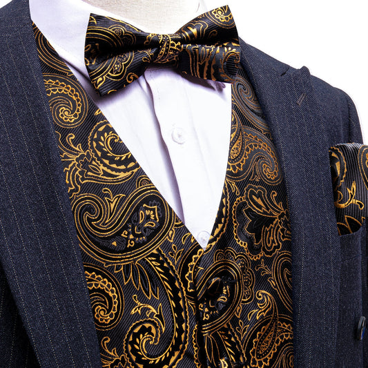 Black Yellow Silk Men's Bowtie Vest Set vest set S (Chest 40")   - Sophisticated Gentlemen