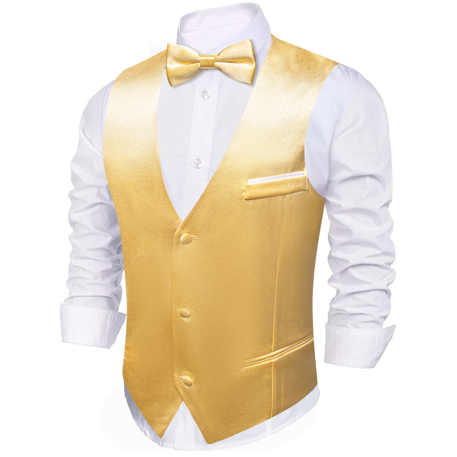 Gold Solid Jacquard Silk Bowtie Vest Set vest set    - Sophisticated Gentlemen